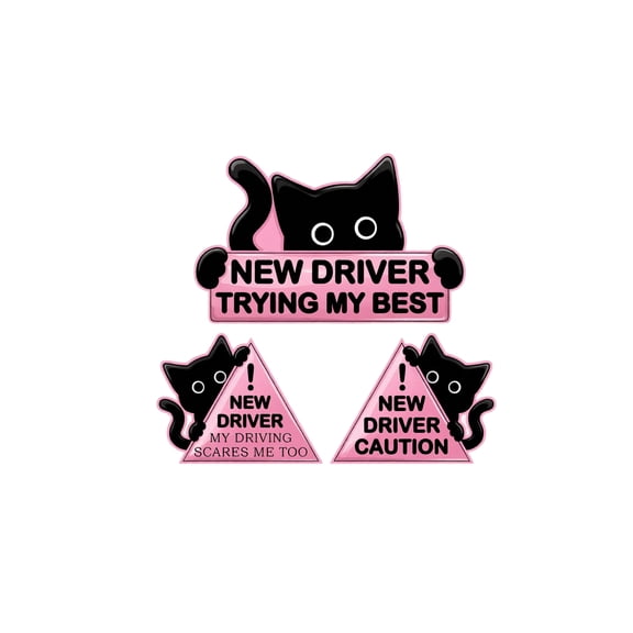 Student Driver Magnet for Car,Funny Black Cat New Driver Magnet with Reflective Safety Design,Strong Magnetic Sticker for Teen Learners,Perfect Gift for Beginner Drivers,Set of 3 (Pink)
