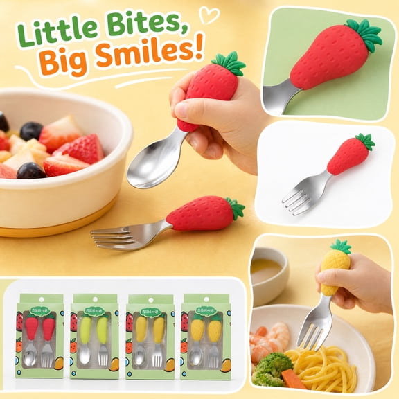 Student Feeding Set, Fork and Spoon Set, Student Forks for Self Feeding, Stainless Steel Student Spoons, -Safe Silicone Pineapple Handles, 7X4.5X1 Inch Compact Size for Easy