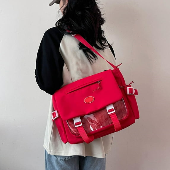 Student Large Capacity Messenger Bag, Nylon Waterproof Shoulder Bag, Multi Compartments for School Travel, 35x26x12cm