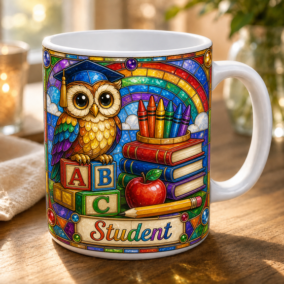 Student Mug Stained Glass Owl Rainbow ABC Blocks Coffee Cup for Kindergarten