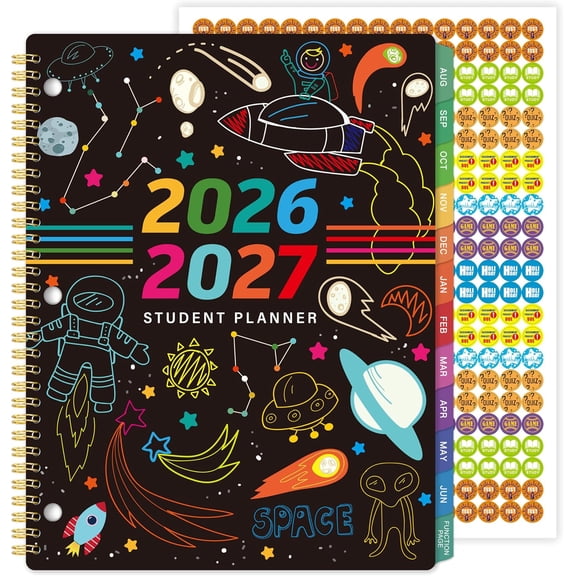 Student Planner 2026-2027 - Academic Planner 2026-2027, Aug. 2026 - Jun. 2027, Weekly and Monthly School Planner For Student, Stickers & Subject Function Pages, 9" x 11"(A4 Size), Doodle Space Style