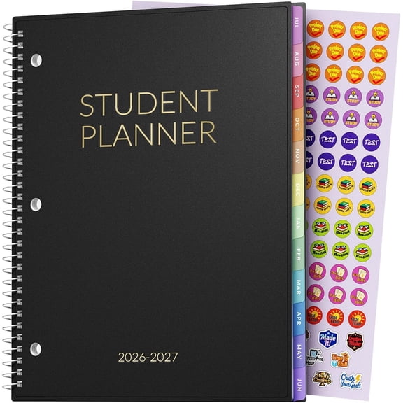 Student Planner 2026-2027,  Middle or High School Planner for Academic Jul. 2026 - Jun. 2027, 8.5"x11" Lesson Plan Book with PVC  Cover, 3-Hole Punched, Bookmark,Planning Stickers,Black