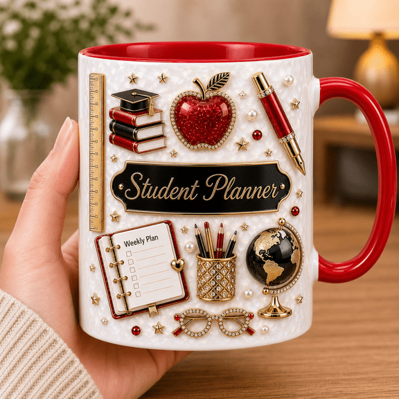 Student Planner Mug Back to School Coffee Cup Red Handle Teacher Gift