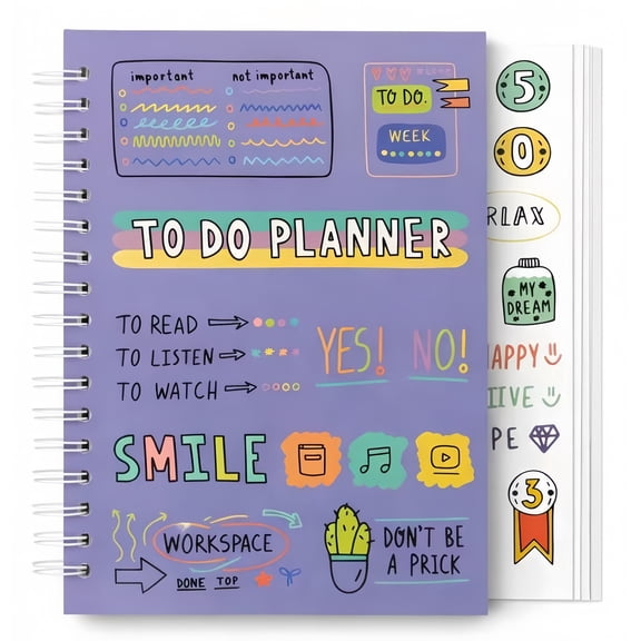Aesthetic To-Do Planner A5 Notebook with 240 Stickers, Undated Weekly & Daily Organizer, 128 Thick Color Pages, Study & Productivity Doodle Design (Purple)