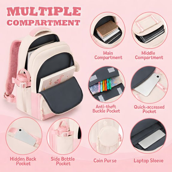 Student School Backpack Lightweight Waterproof Large Size, Breathable Padded Shoulder Straps College Bookbag with Detachable Coin Purse Pink