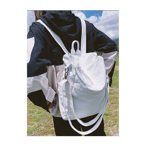 Student School Bag Large Capacity Pu Portable Diagonal Bag Travel Backpack,White