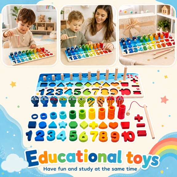 Student Sensory Activity Board, Magnetic Fishing Game, 2 Year Old Puzzle Toys, Color Stacking Toys, 5-In-1 Number Shape Classification Stacking Counting Puzzle, Magnetic Shapes