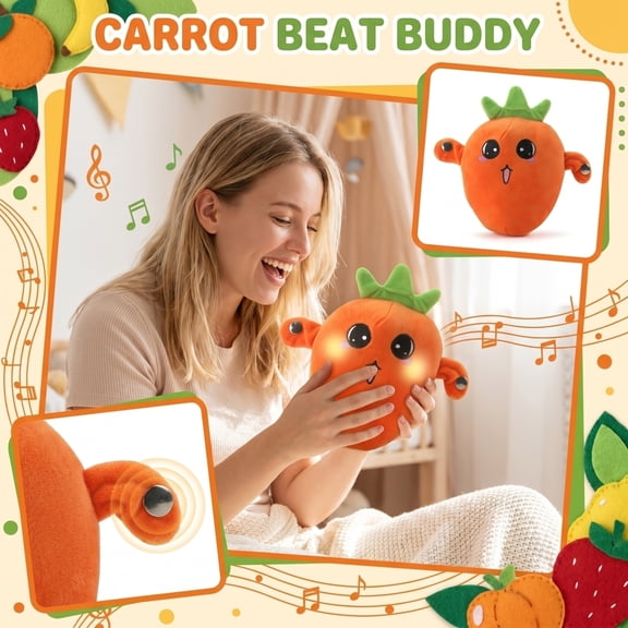 Student Stuffed Animal, Interactive Plush, Kids Birthday Gift, Developmental Toys, 9X8X2.75 Inch Vegetable Carrot Plush, Sound Activated Cartoon Rhythm Playing Design, Huggable
