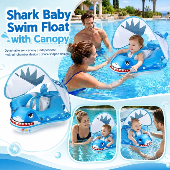 Student Water Float with Canopy, Pool Float for Student, Student Swim Float, Student Pool Float 3- Student, 37X21 Inch Shark Themed Inflatable Unit Built with Non-Slip Seat Pocket