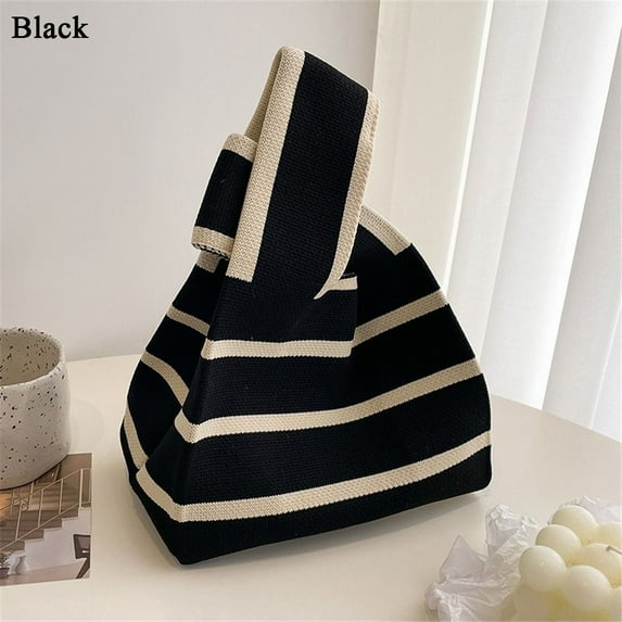 Student Wide Stripe Reusable Knot Wrist Bag Knit Handbag Shopping Bags Plaid Tote Bag BLACK