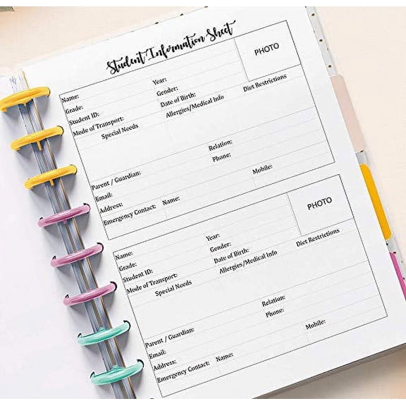 Student info sheets, Teacher Planner Inserts for 7 Disc Planners