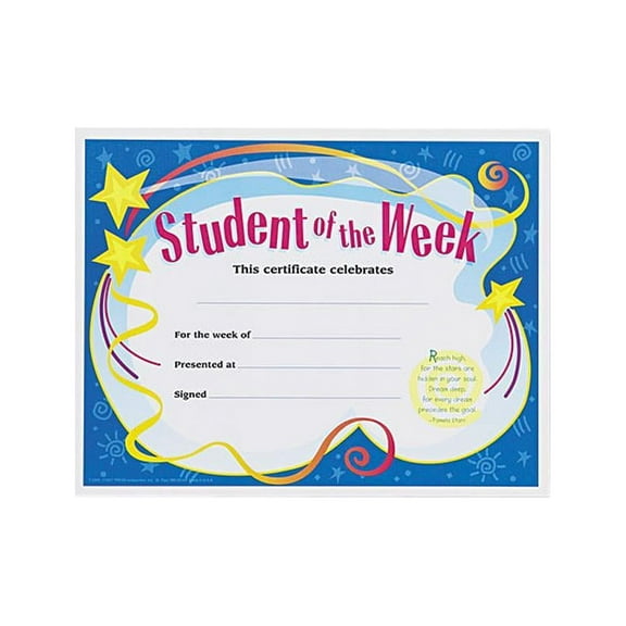 Student of the Week Certificates, 8-1/2 x 11, White Border, 30/Pack