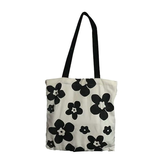 Students Canvas Bag Large Capacity Beautiful Printing Shoulder Strap Cloth Shopping Bag Black White Floral Free Size