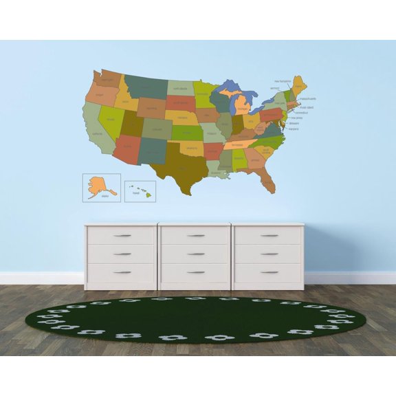 Students Colourful Maps Wall Decal Decoration Multi-Colored USA States Map Lasts Years and Easily Removable - Size: 14 In(W) x 20 In(H)