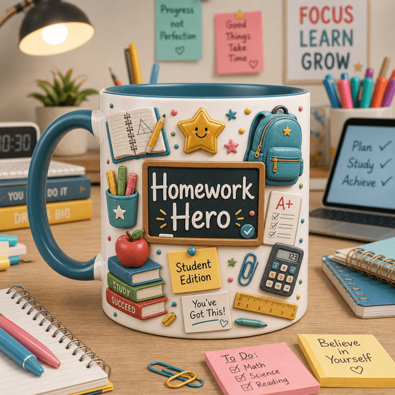 Students Homework Hero Mug, 2D Flat Coffee Cup for Study Motivation & Back to School
