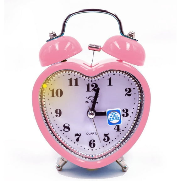 Students Seniors 3in Twin Bell Loud Alarm Clock Silent Analog Quartz Nightlight Clock Battery Operated for Heavy Sleepers Heart Shape Pink