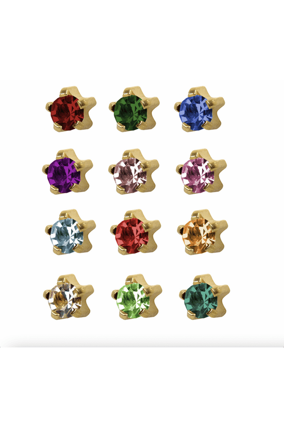 24K Gold-Plated Assorted Birthstone Stud Earrings - Includes 12 Pairs | 3mm 5-Prong Design | Hypoallergenic and Nickel Safe for Sensitive Ears
