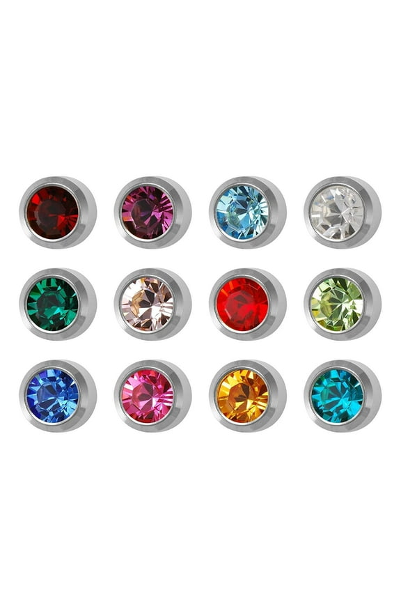 Birthstone Stud Earrings, Stainless Steel, 12 Pair Pack, 2mm