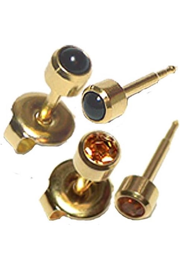 Halloween Ear Piercing Earrings - Black & Orange 16ga Thick Post Gold with 4mm Gem - Hypoallergenic - Set of 2 Pairs