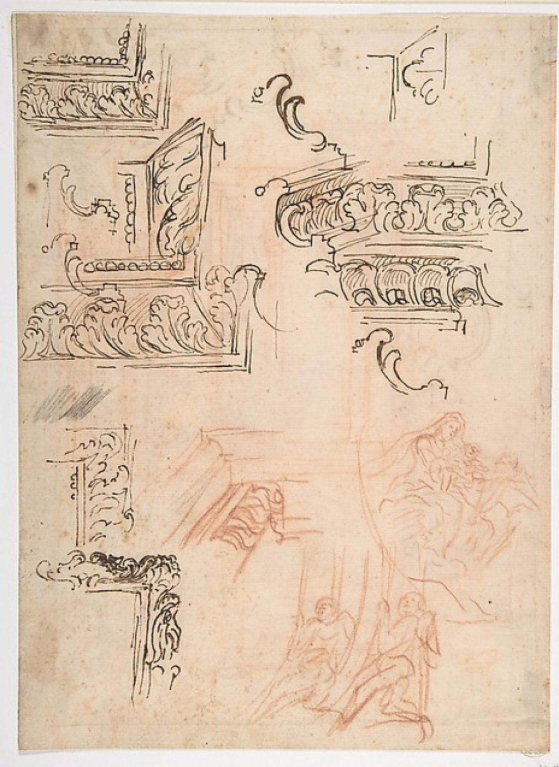 Studies of Architectural Moldings, of the Virgin and Child with a Kneeling Saint, and of Two Angels Supporting Frames - image 1 of 1