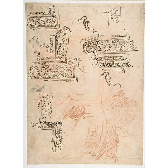 Studies of Architectural Moldings, of the Virgin and Child with a Kneeling Saint, and of Two Angels Supporting Frames