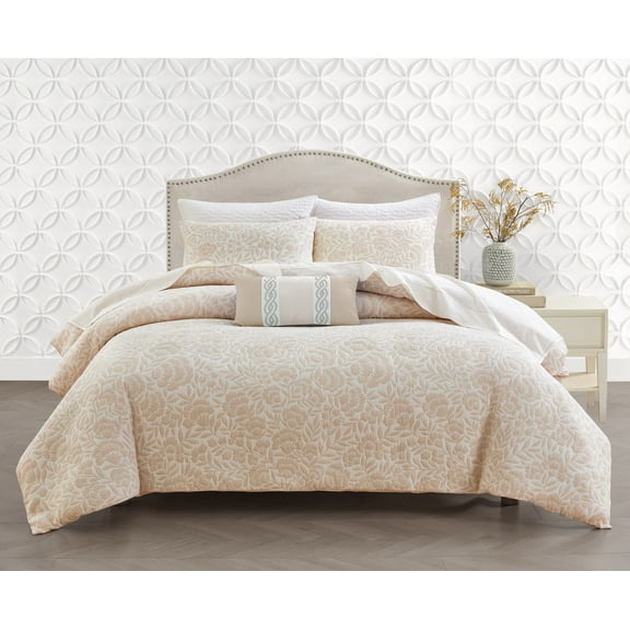 Studio 16, Toronto - Colette Cotton Matelassé Duvet Cover Set (Full/Queen) with 1/2" Flange Detailing-Elegant Floral Design - Linen