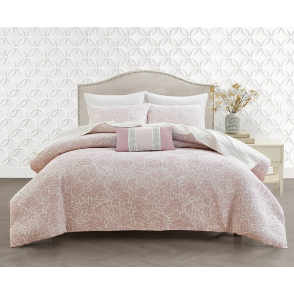 Studio 16, Toronto - Colette Cotton Matelassé Duvet Cover Set (Full/Queen) with 1/2" Flange Detailing-Elegant Floral Design - Rose