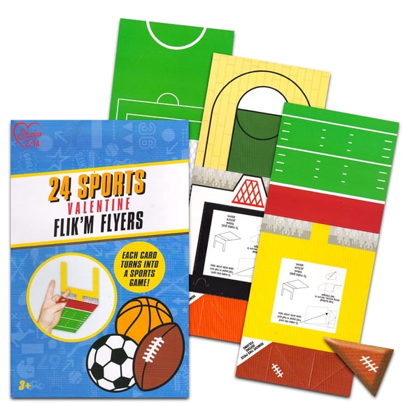 Studio 2/14 Sports Flik'm Flyers Valentine Card Set  24 Interactive Folded Stationery Cards  Sports Themed Novelty Valentines
