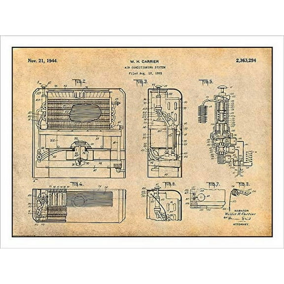 Studio 21 Graphix 1939 Carrier Air Conditioning System Patent Print Art Poster UNFRAMED Parchment 18" X 24" Includes a white border