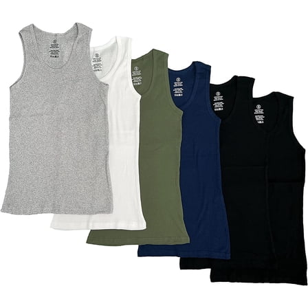 Studio 3 Men's 6 Pack 100% Cotton Tagless Ribbed Slim Fit Muscle Tank Tops with Scoop Neckline