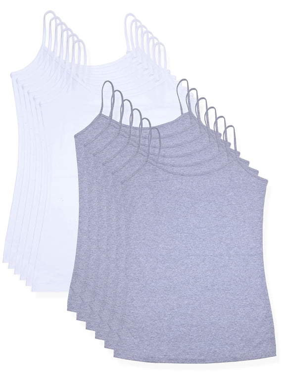 Women's Basic Cami Tank Tops Adjustable Spaghetti Strap Essential Camisole Pack of 12 (6-pc White, 6-pc Grey, X-Large)