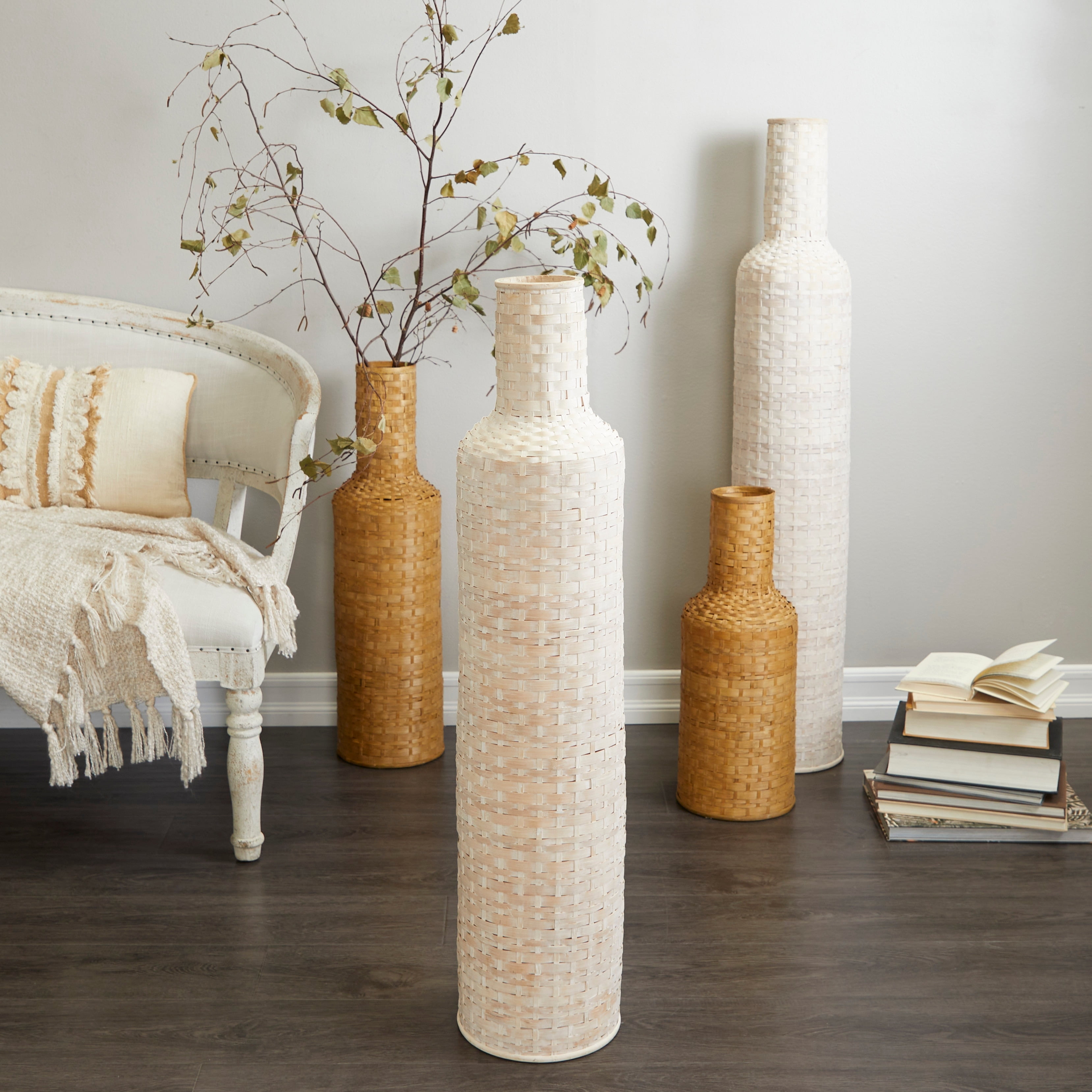 Studio 350 Bamboo Tall Woven Floor Vase White Large 8.50W x 8.50L x