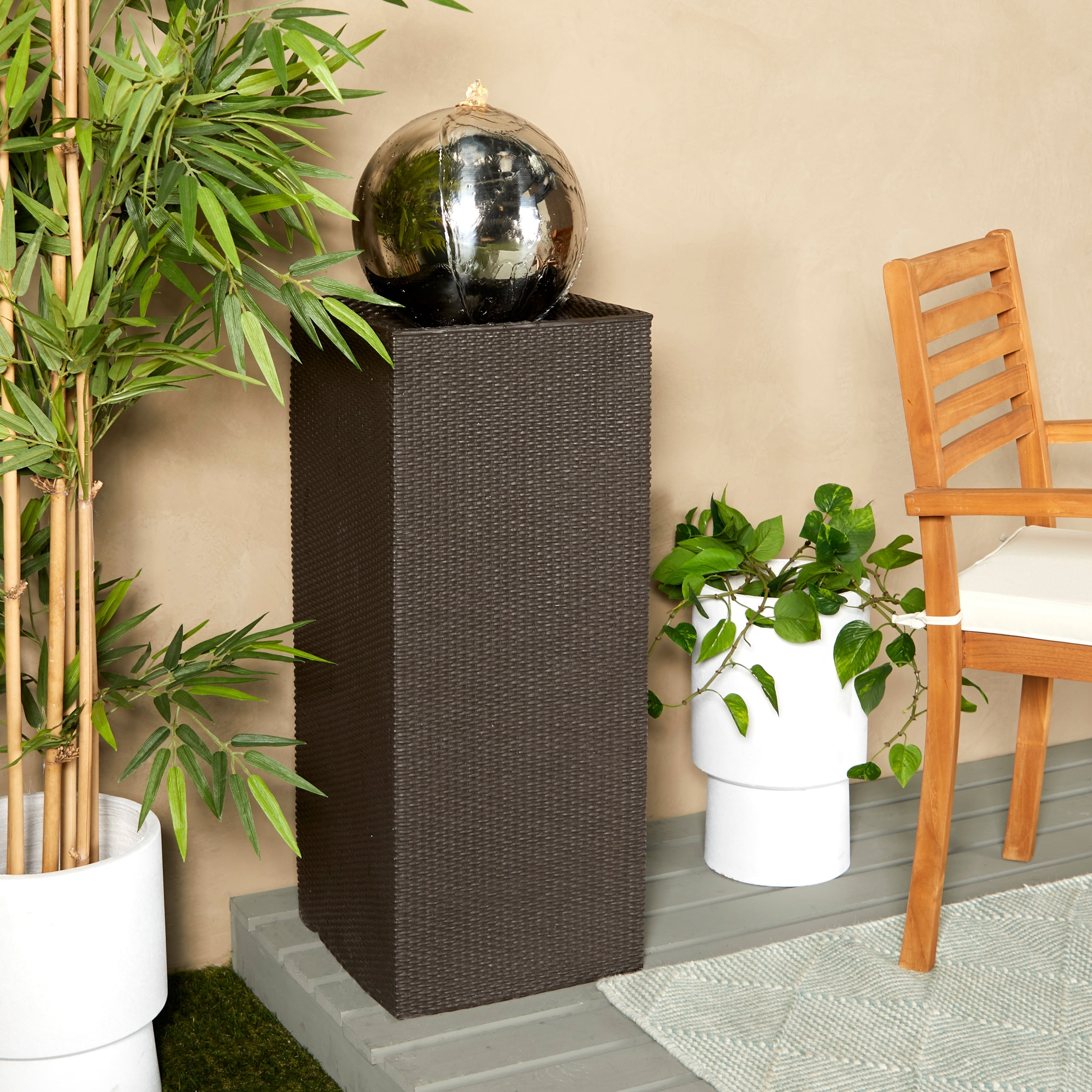 Tall Black Fiberglass Outdoor Fountain with LED Light