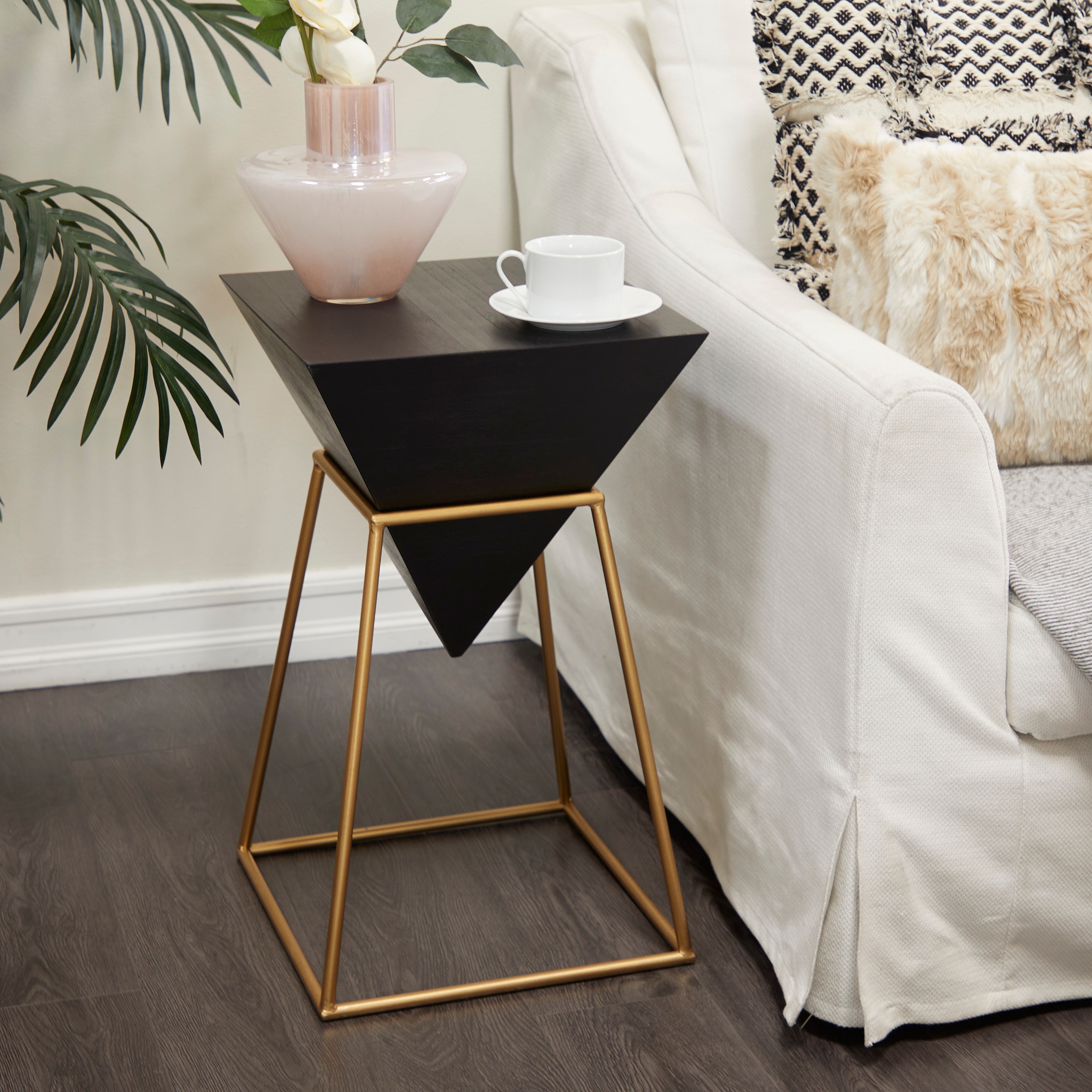 Studio 350 Black Wood Inverted Pyramid Geometric Accent Table with Gold ...