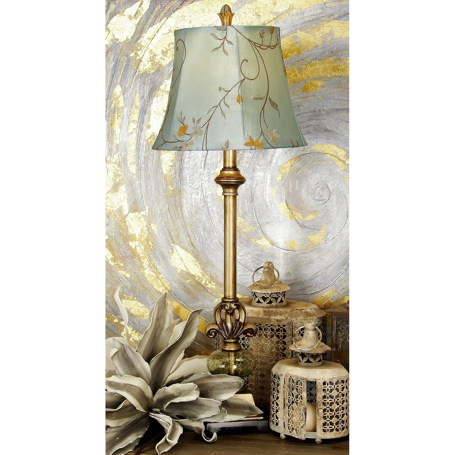Studio 350 Brass Polystone Antique Style Floral Buffet Lamp with Tapered Shade 12 x 32