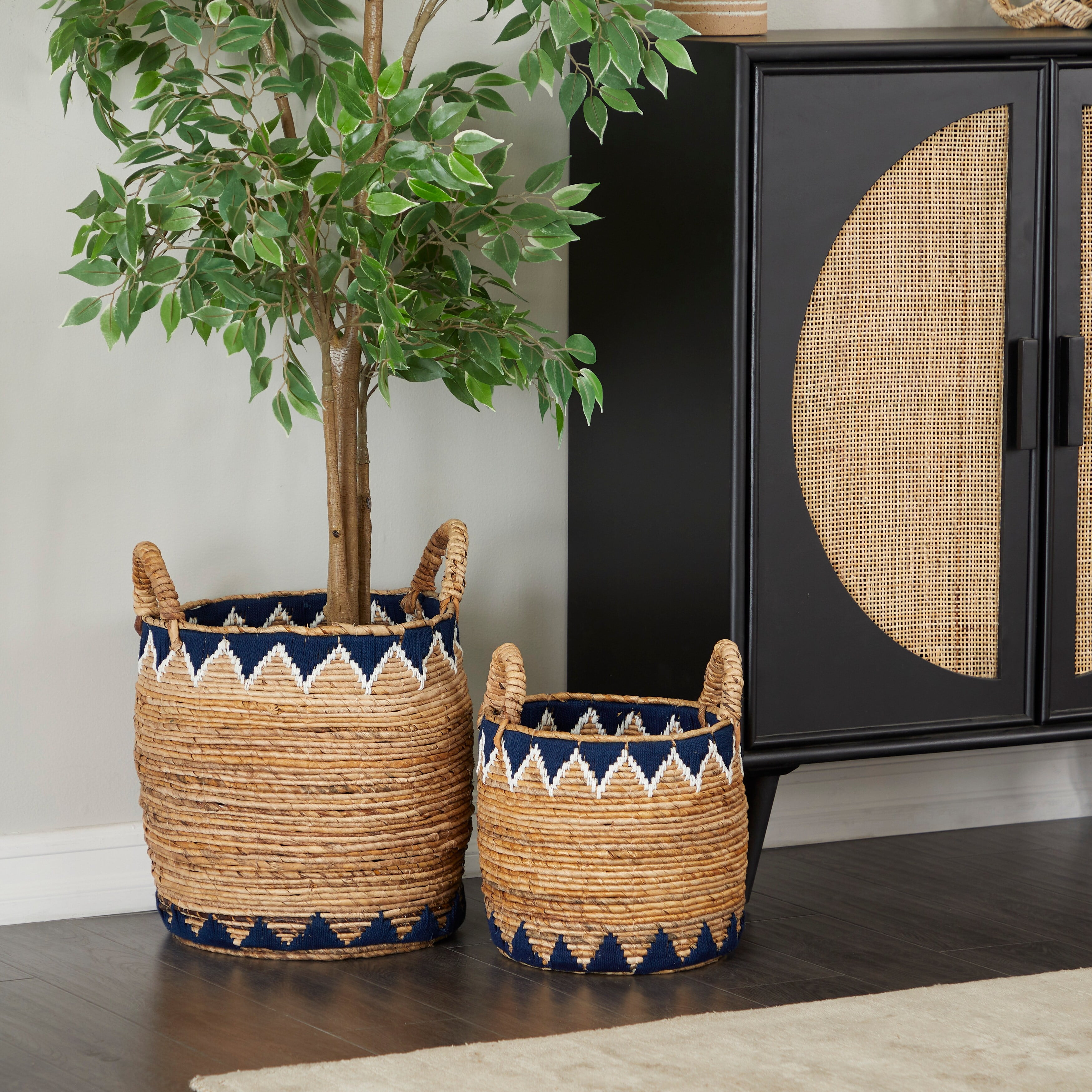 Natural Brown and Blue Wicker Round Storage Baskets with Handles