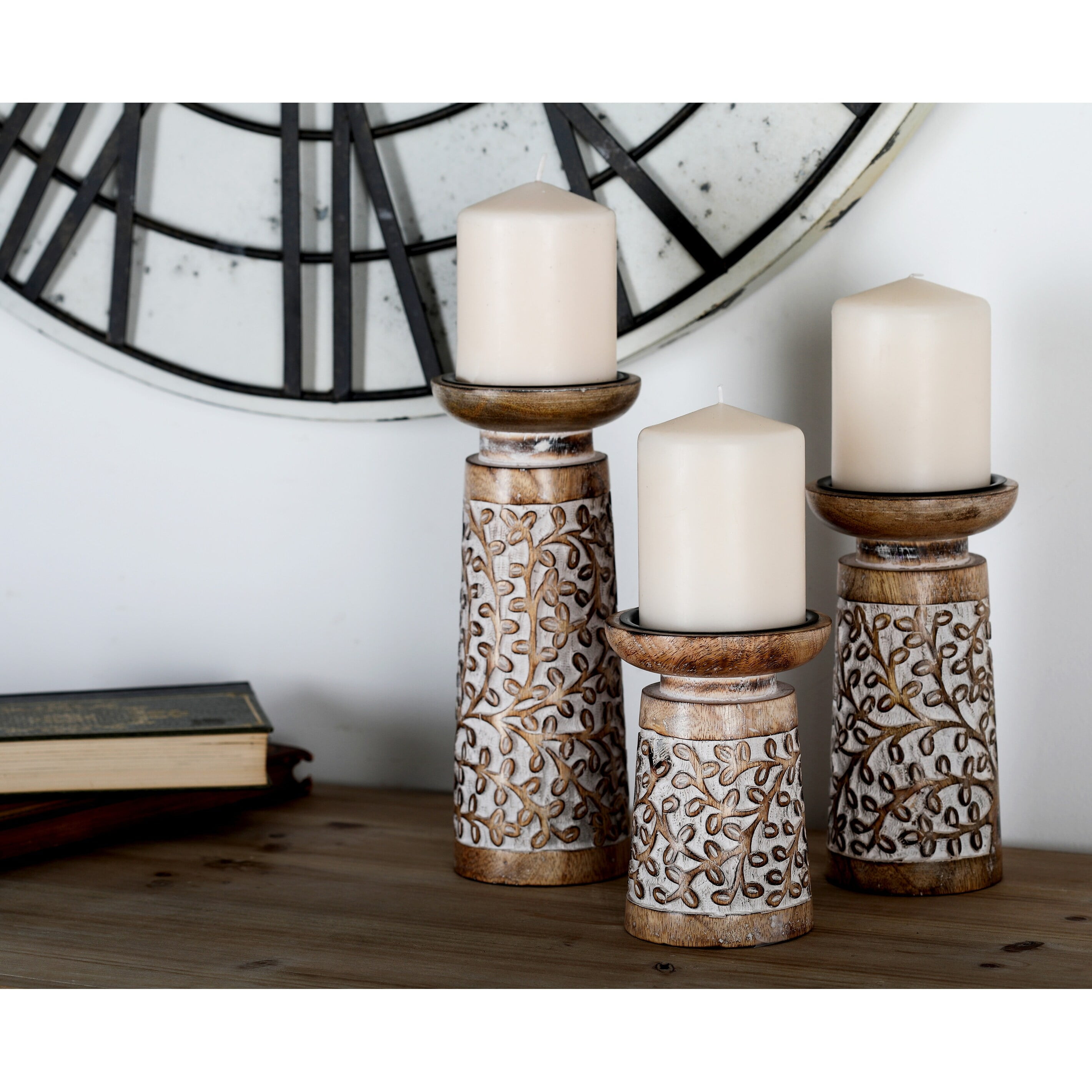 Rustic Elegance Mango Wood Carved Candle Holders, Brown Floral Set of 3
