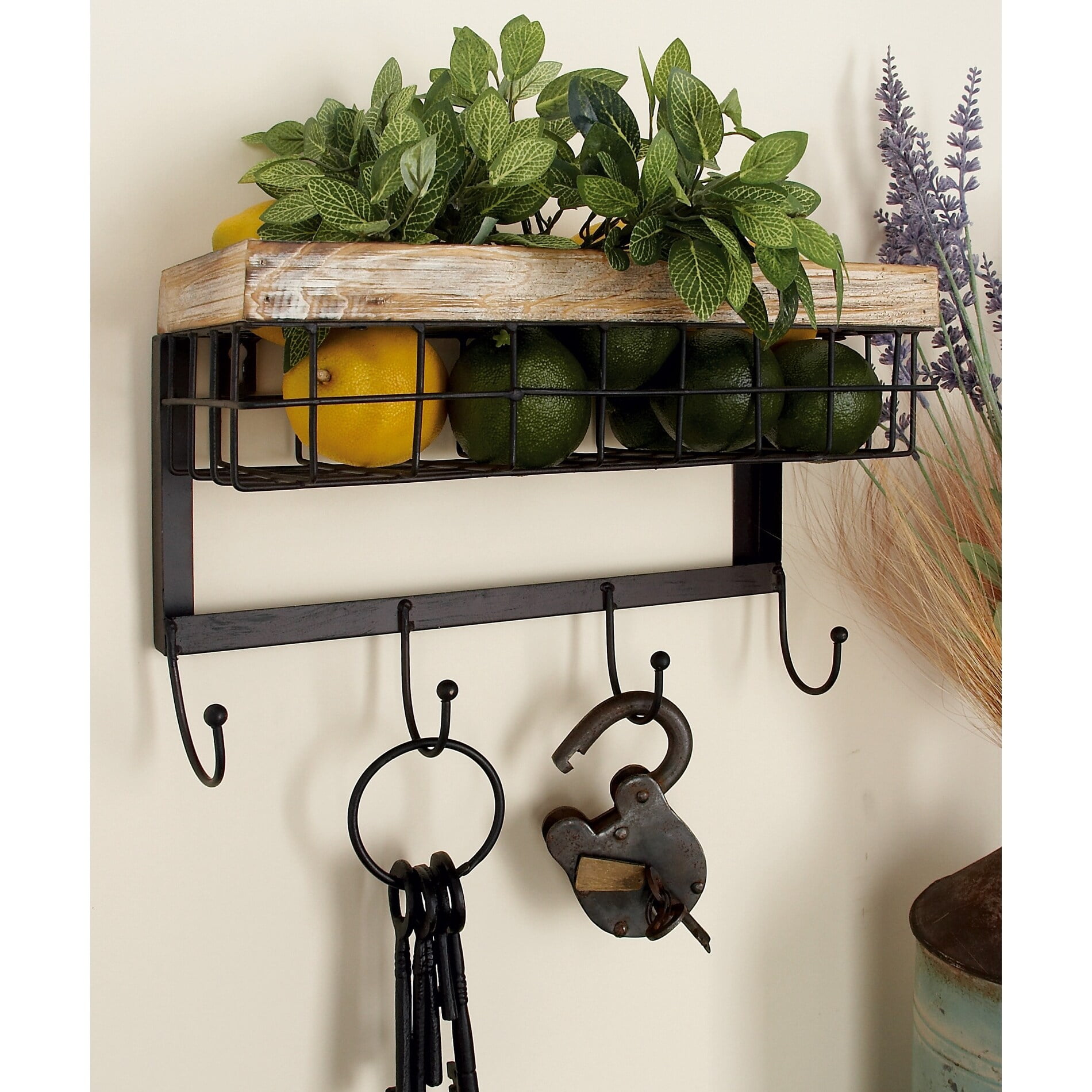 Rustic Brown Fir Wood and Black Iron Wall Basket with Hooks