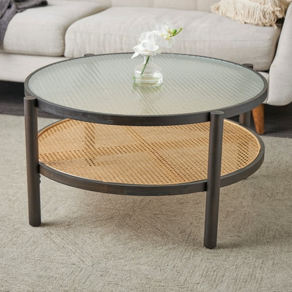 Studio 350 Brown Rattan Accent Table with Pressed Tempered Glass Top Brown - 34"W, 17"H