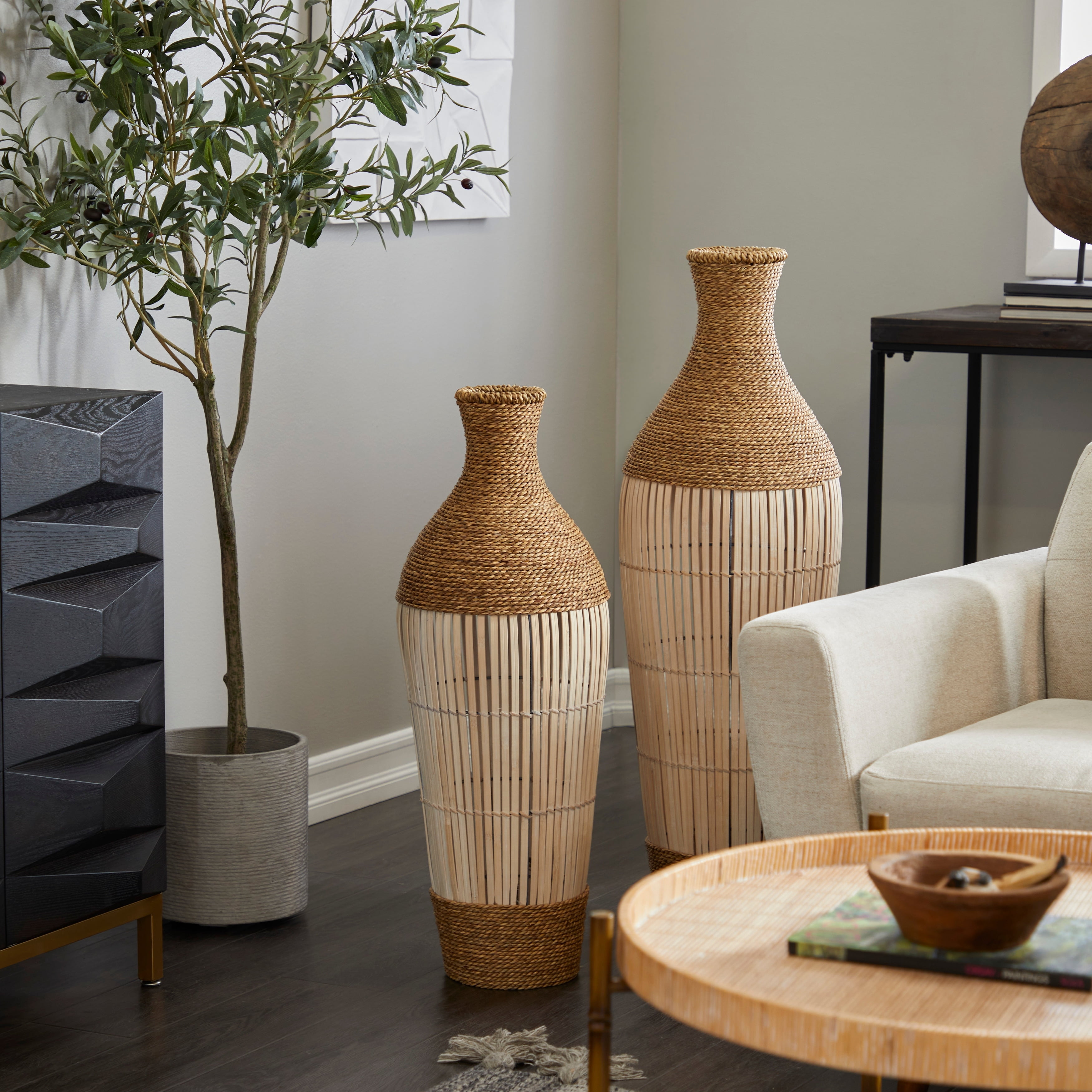 Tall Brown and Cream Bamboo Seagrass Floor Vase