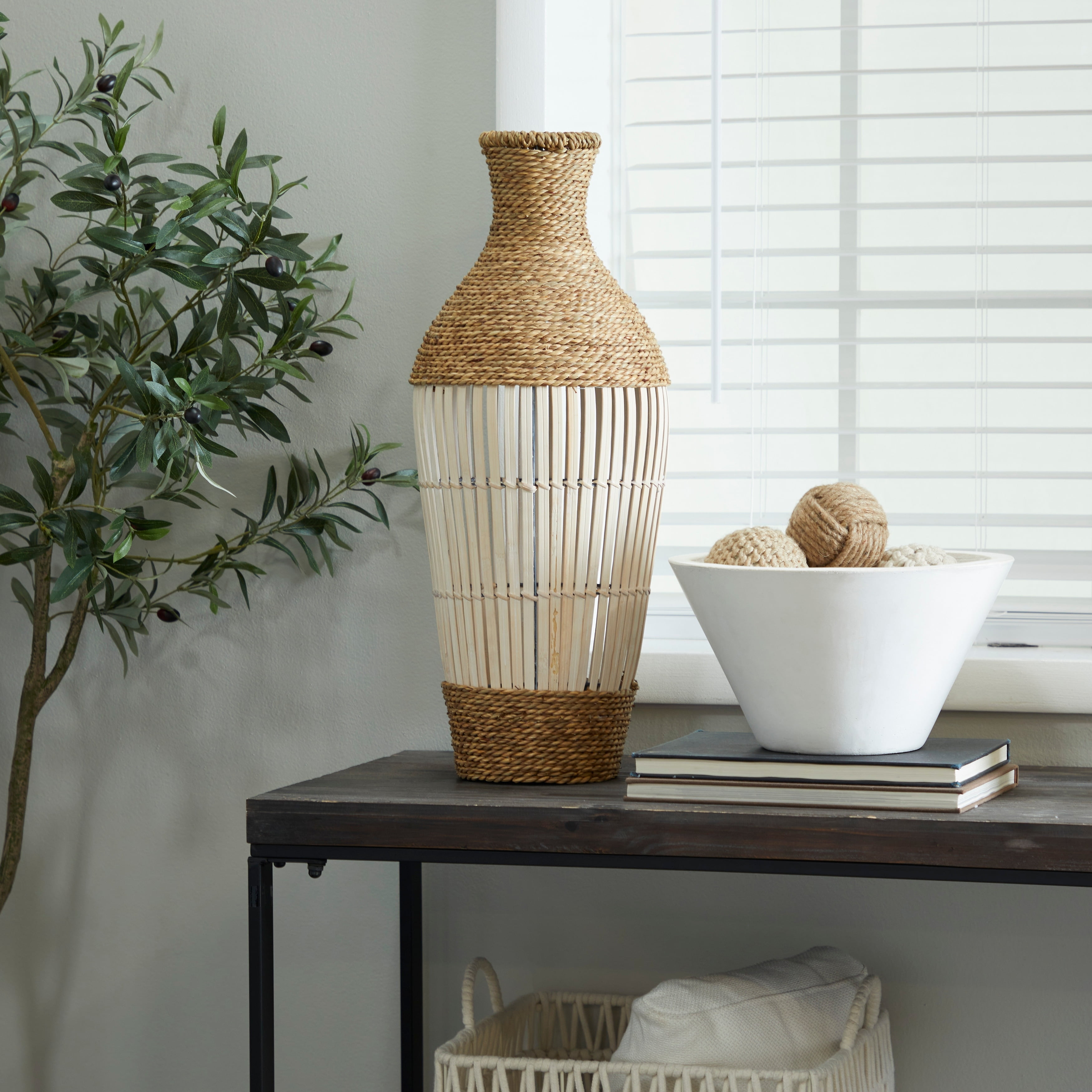 Tall Brown and Cream Bamboo Seagrass Floor Vase