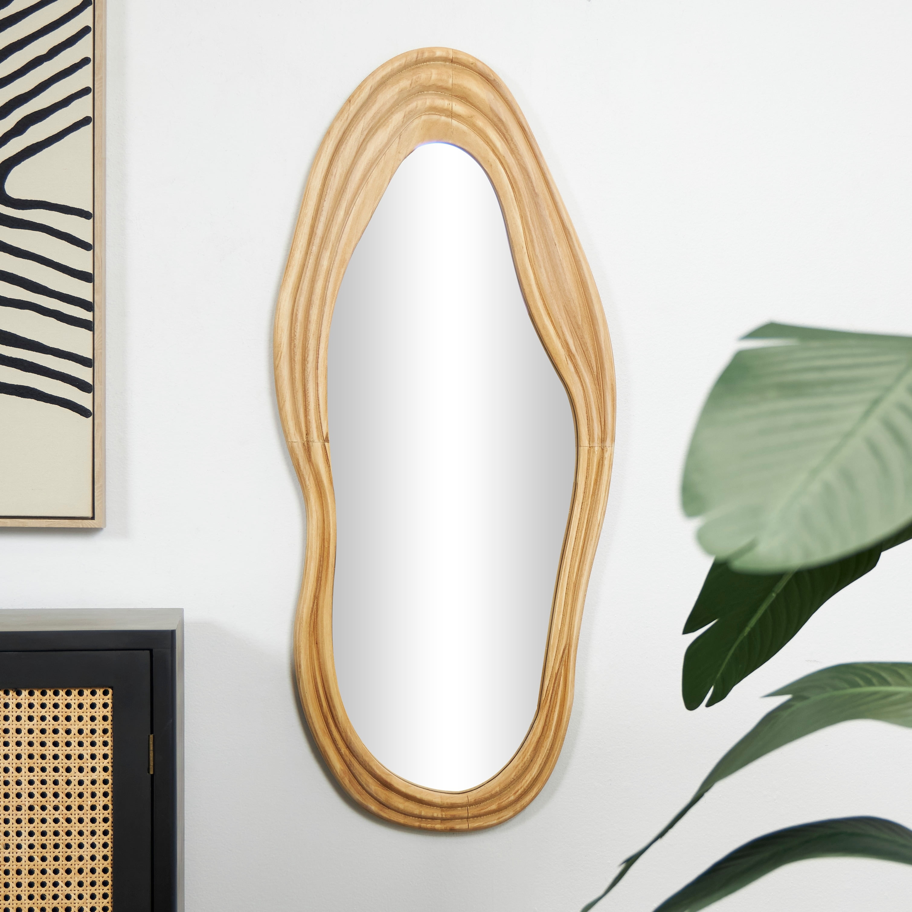 Brown Wavy Wood Wall Mirror with Carved Frame