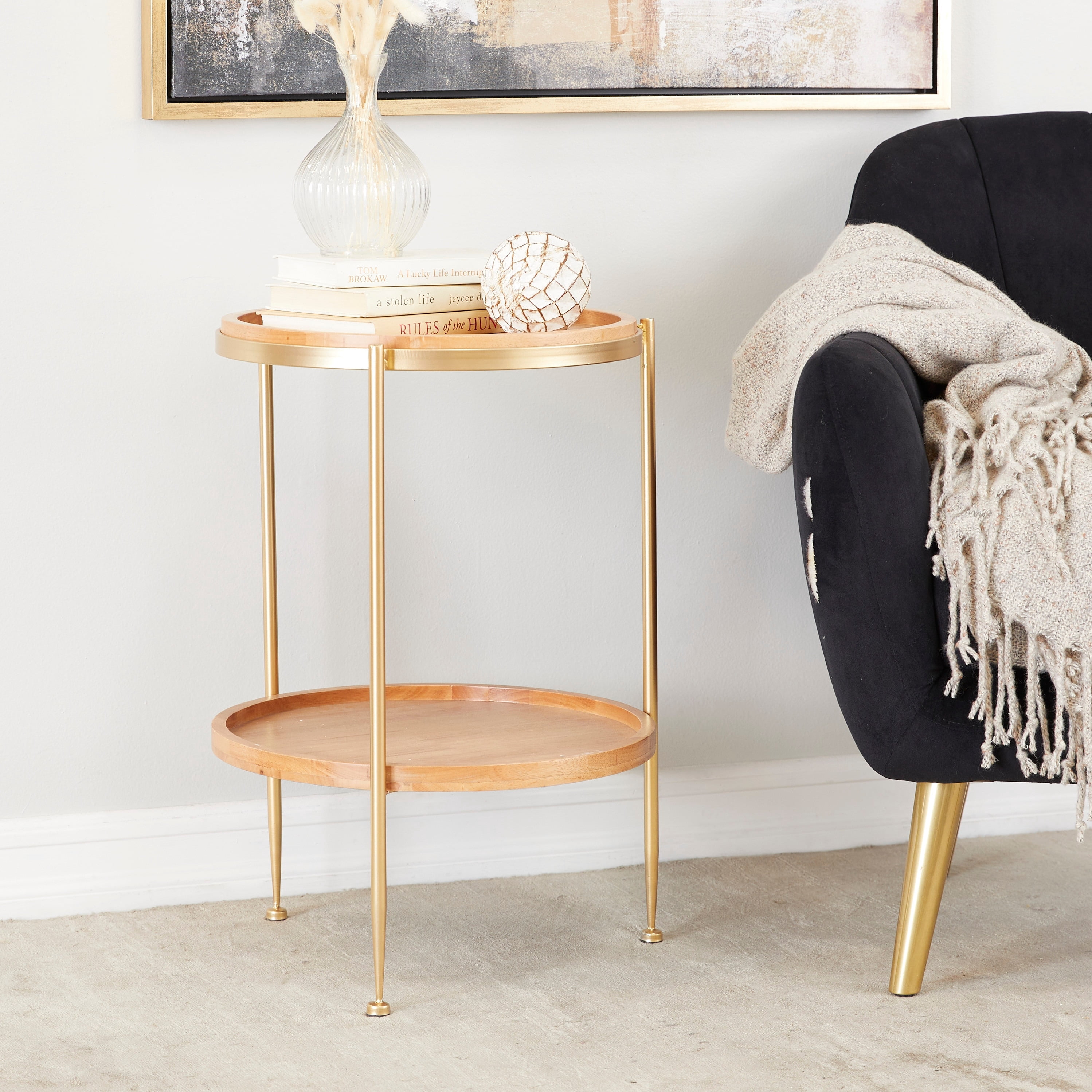 Studio 350 Brown Wood Contemporary Accent Table with Gold Metal Legs ...