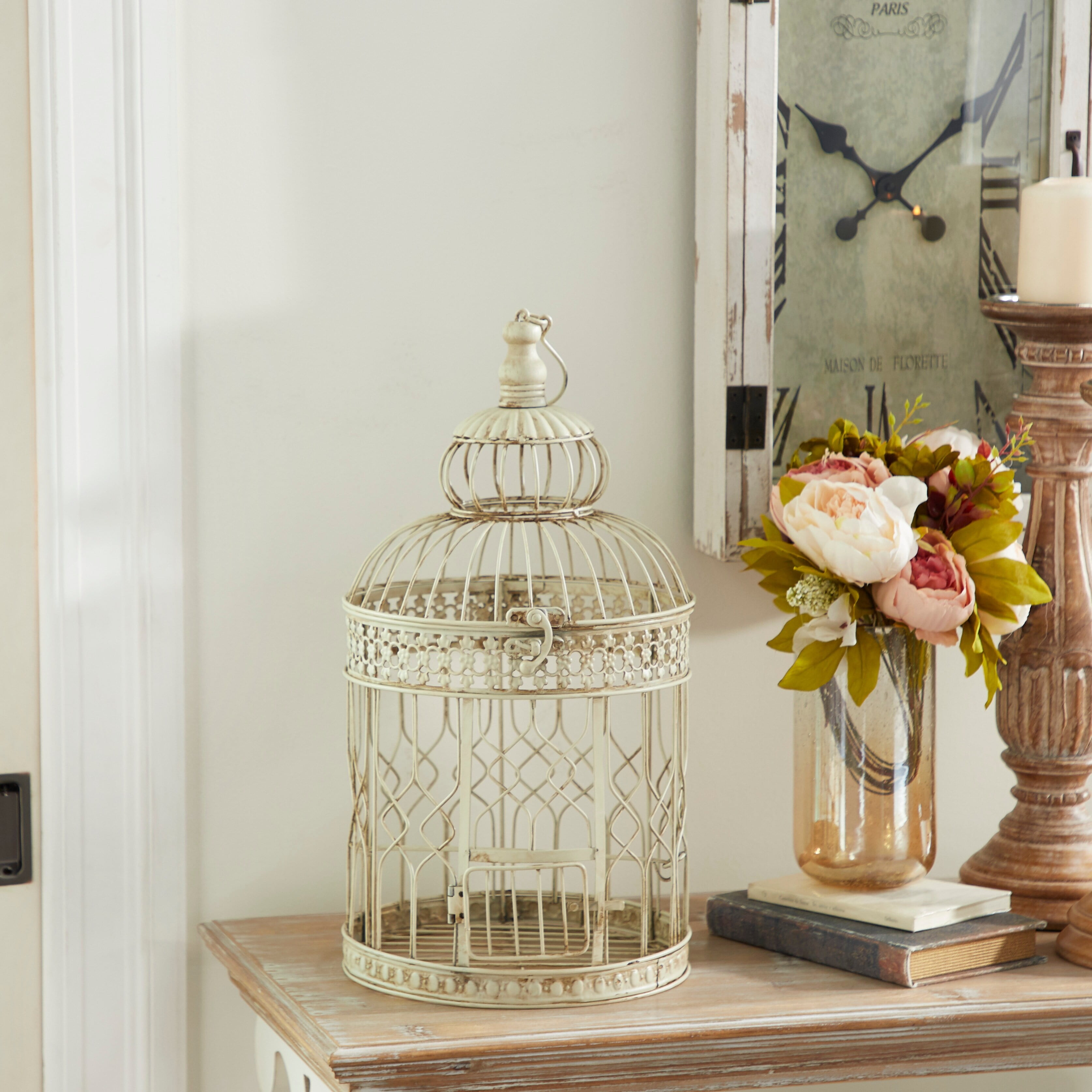 Cream Distressed Metal Vintage Birdcage Set with Latch and Hook