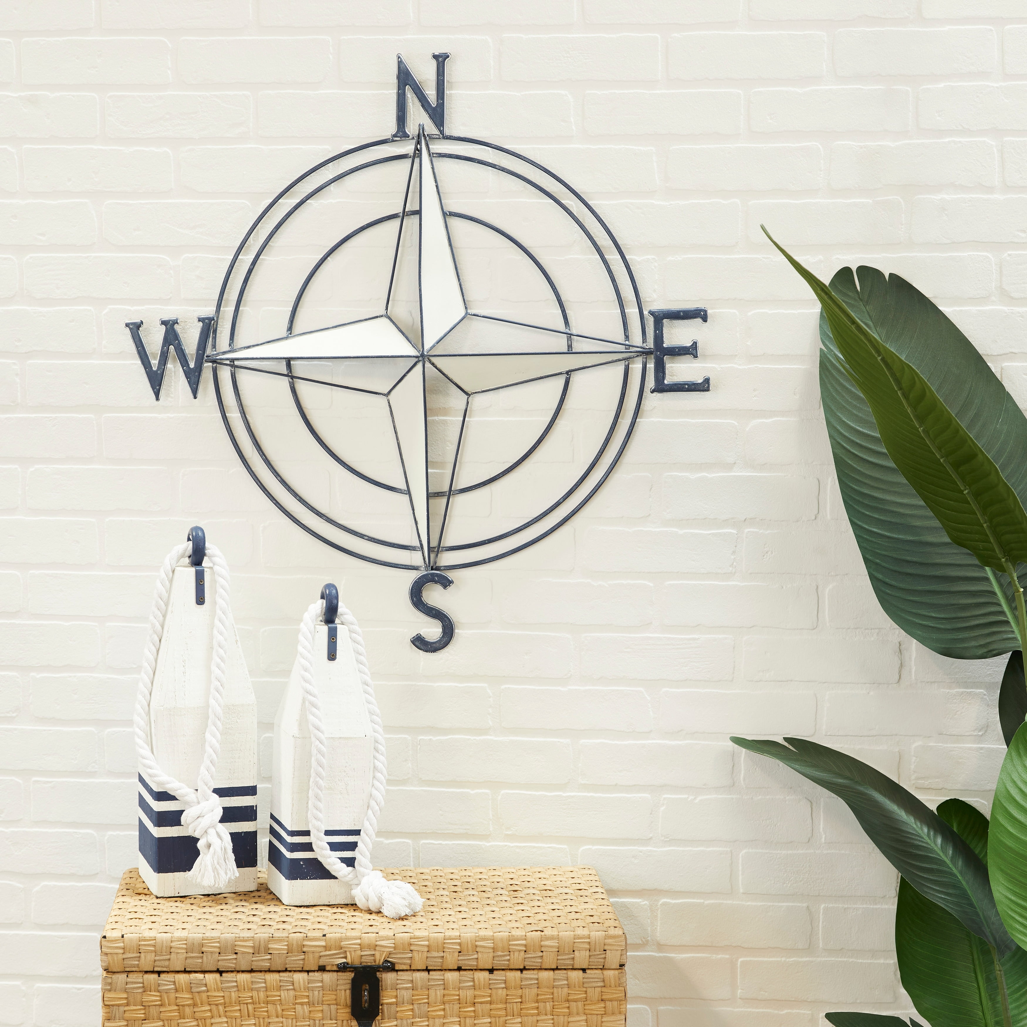 Dark Blue and White Metal Nautical Compass Wall Sculpture
