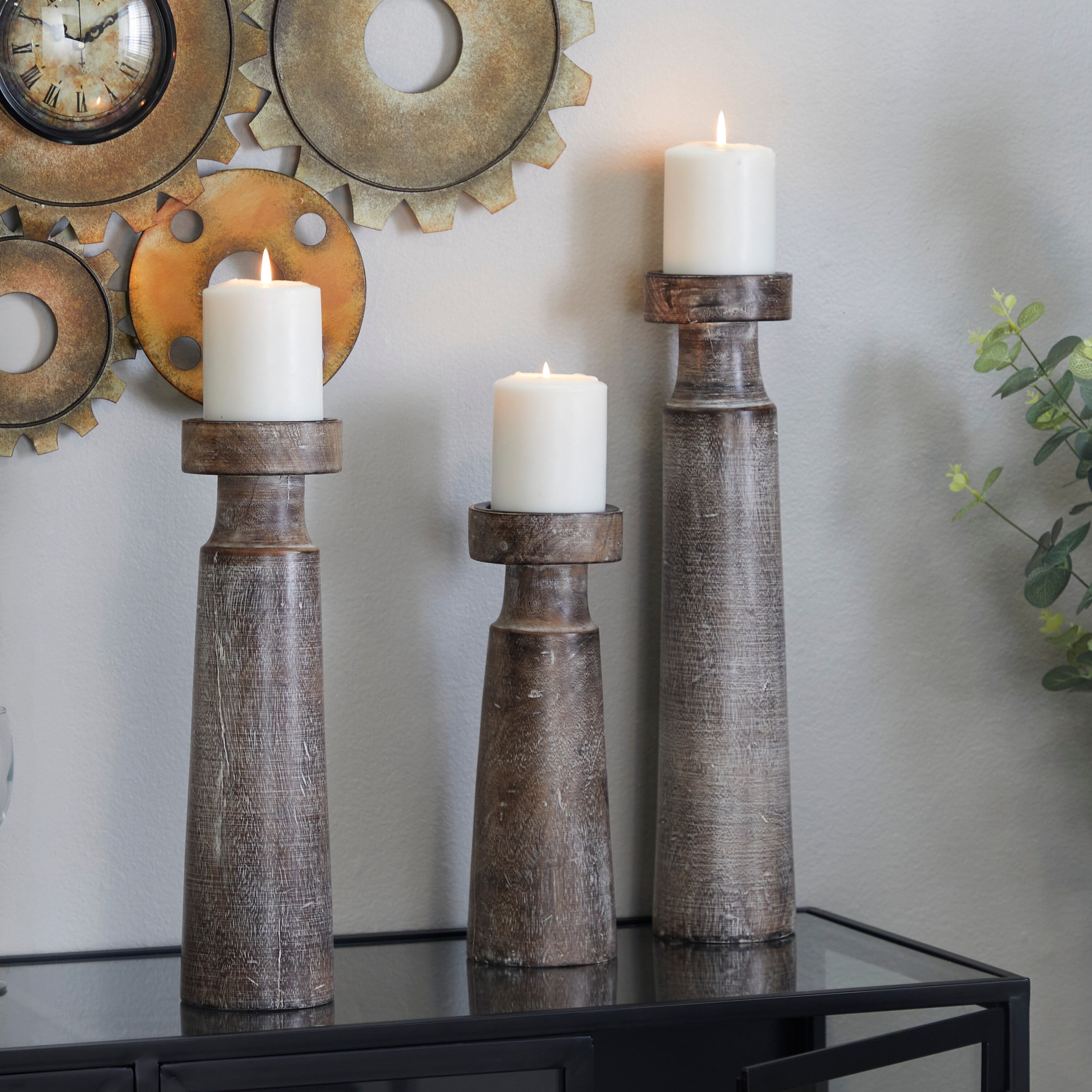 Dark Brown Mango Wood Coastal Candle Holder Set