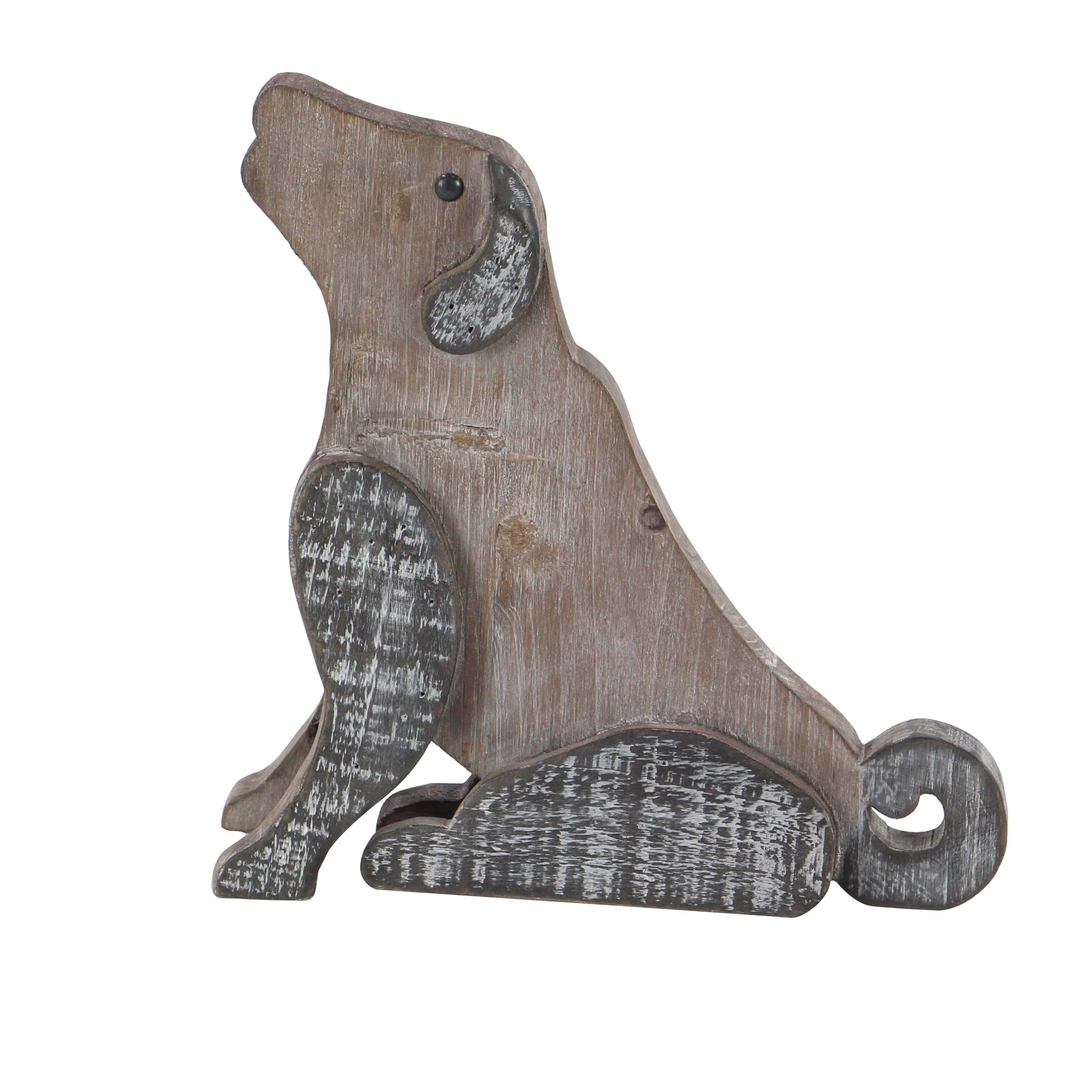 Distressed Brown and Black Wooden Howling Dog Statue
