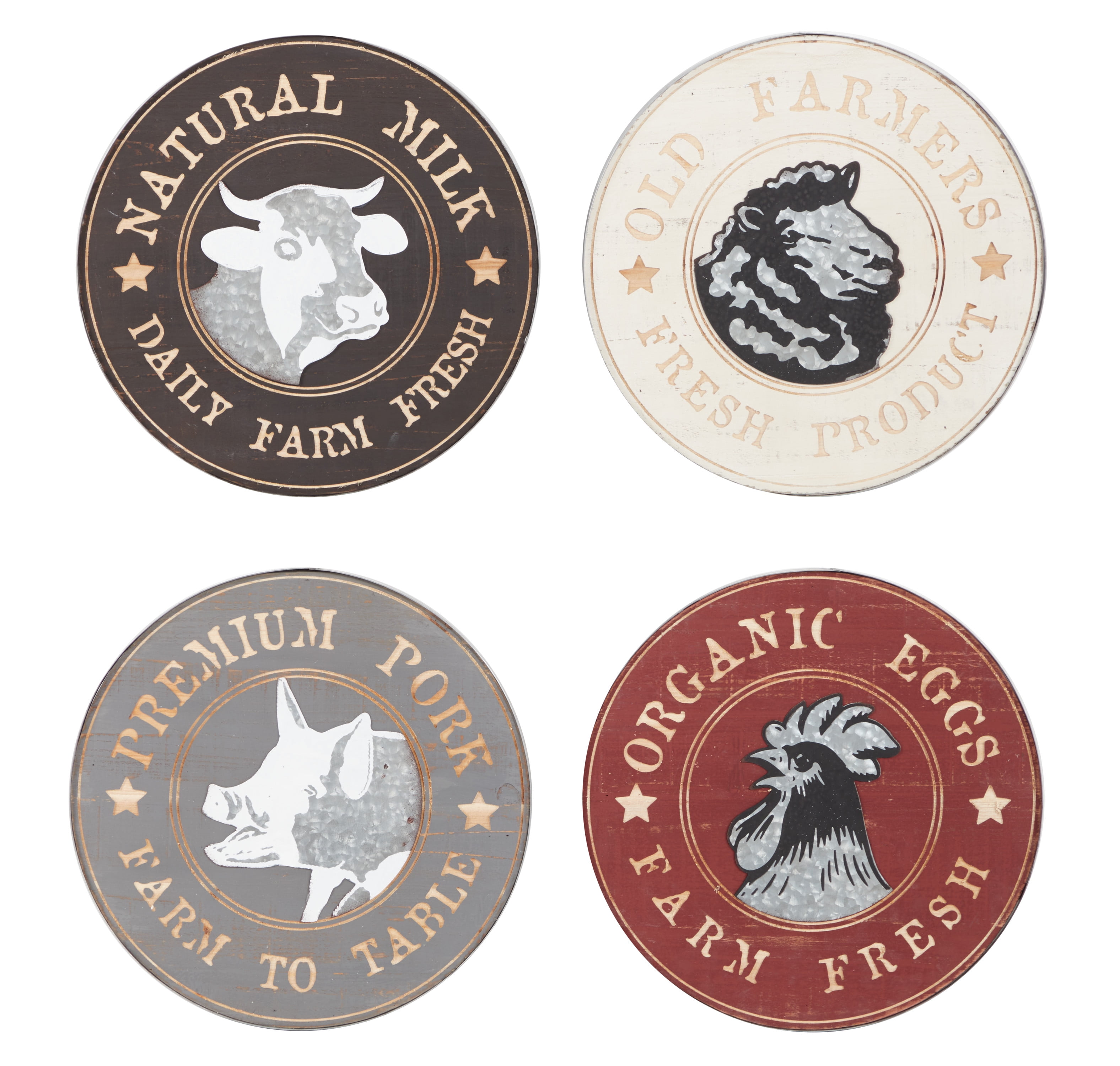 Farmhouse Rustic Wood and Metal Round Animal Wall Art Set of 4