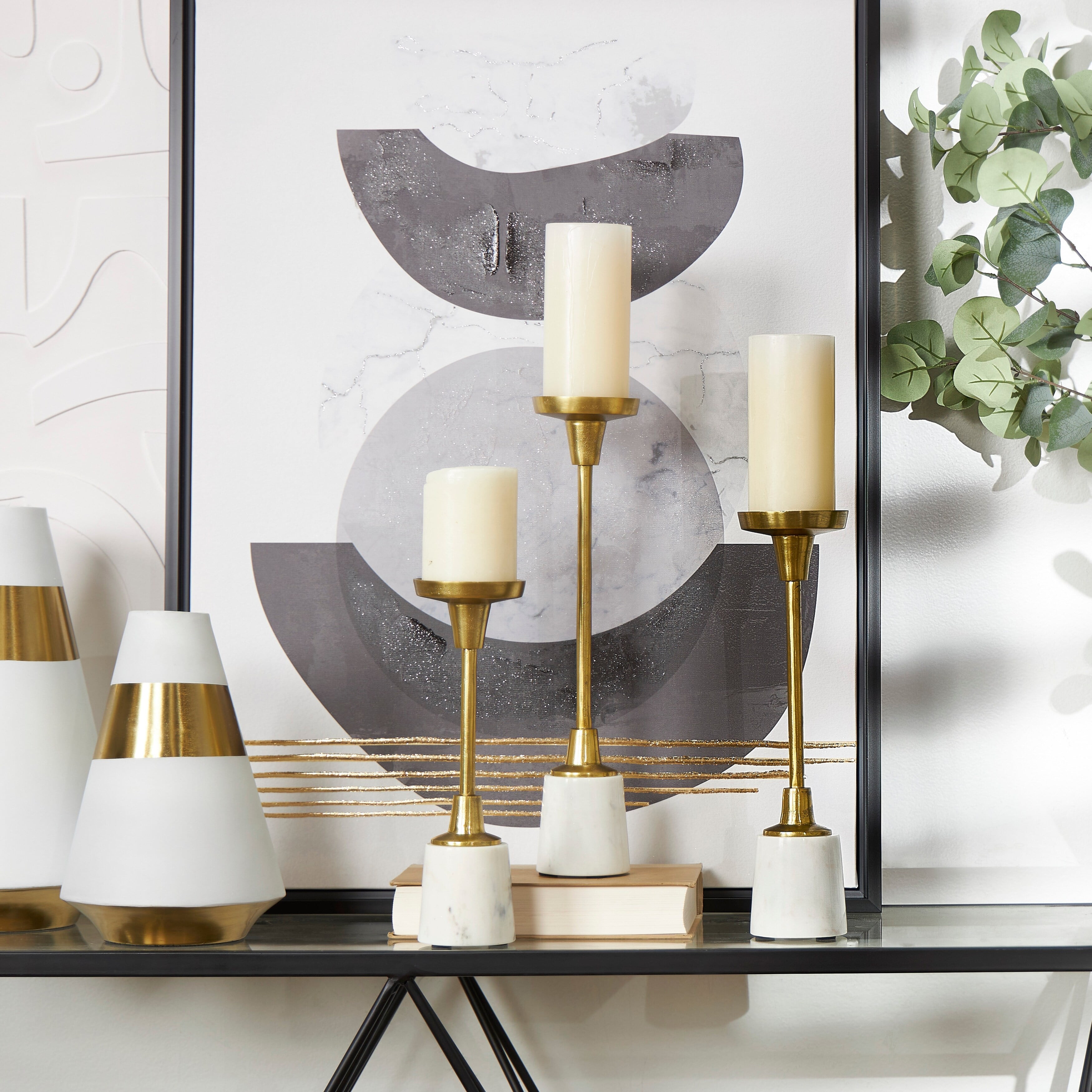 Gold Aluminum and White Marble Tabletop Candle Holder Set