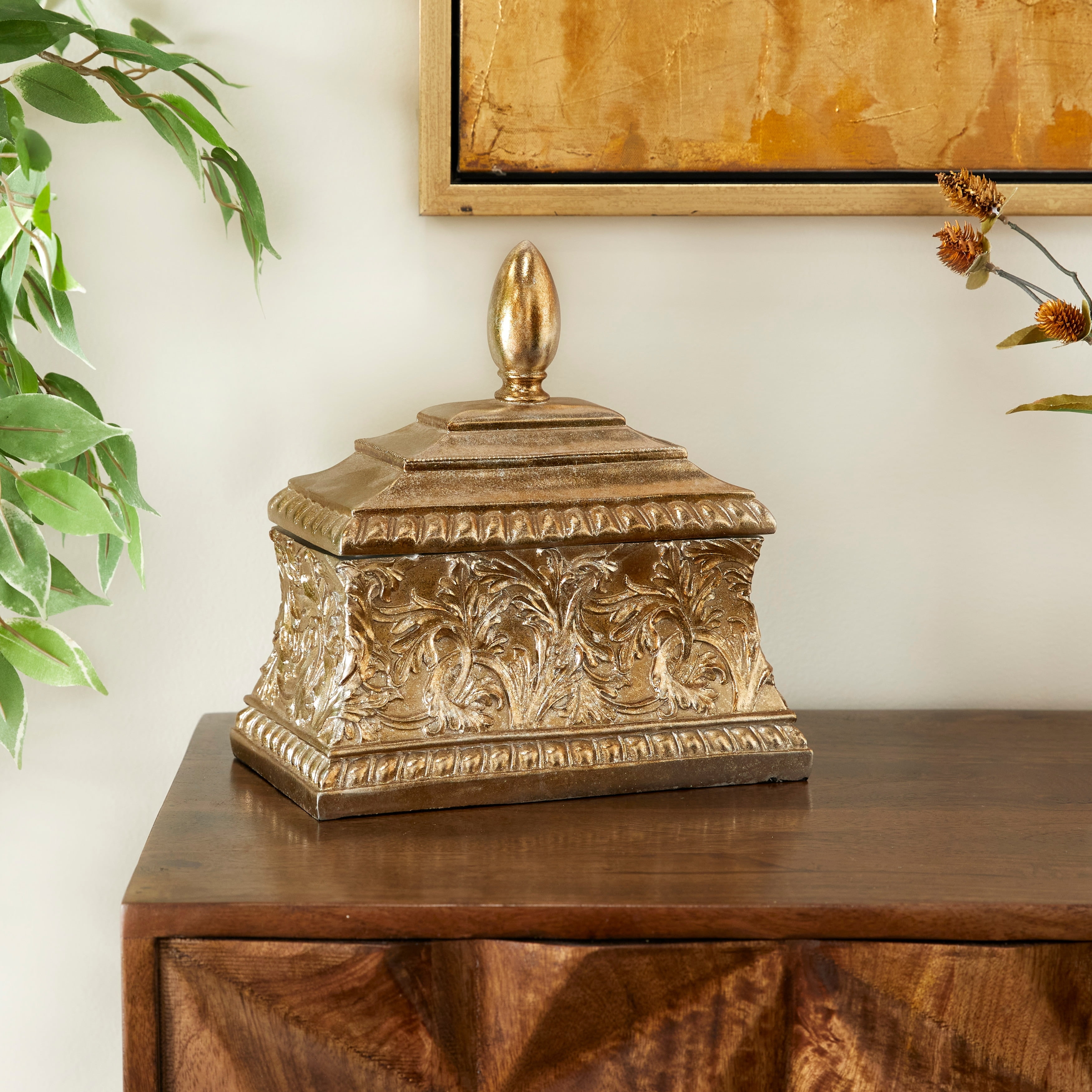 Gold Polystone Embossed Floral Decorative Jar with Lid